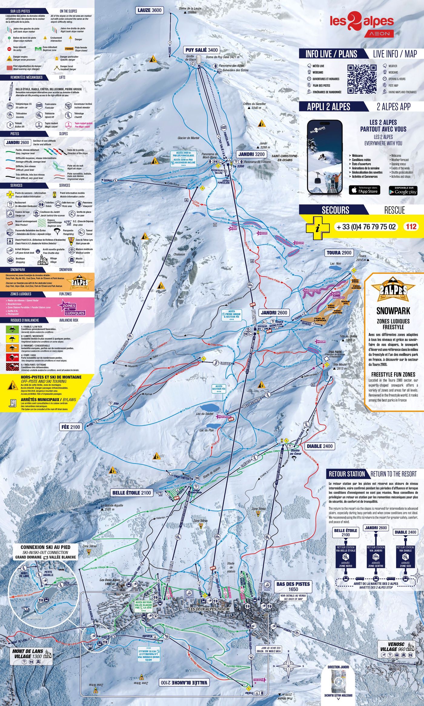 Les 2 Alpes piste map showing all marked ski runs and lifts