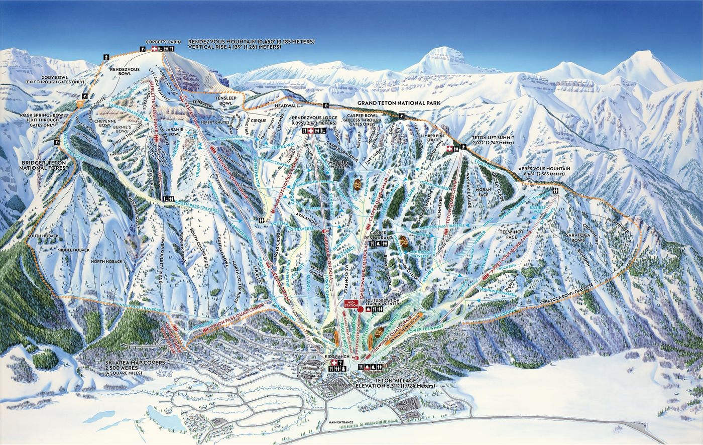 Jackson Hole trail map showing all marked ski runs and lifts
